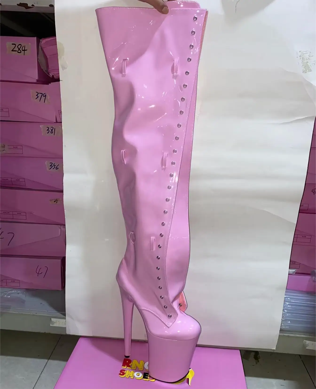 Pink 12-23cm high heels, buckle size adjustment, round head dancer fashion sexy runway performance, to thigh boots