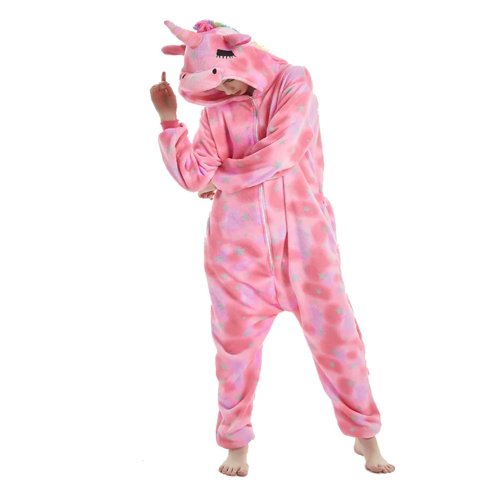 Pink Sleep Jumpsuit Woman Onesie Adults Pyjama Animal Plush Winter Warm Hooded Kigurumi Unicorn Pajamas Star Print Christmas Pjs