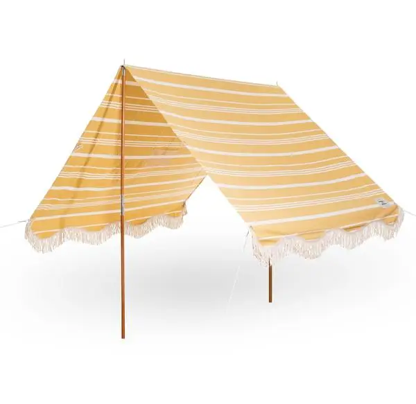 New Luxury Design Customized The Premium Tent Vintage Yellow Stripe Wooden Stick Outdoor With Fringe Tassels Beach Shade Tents