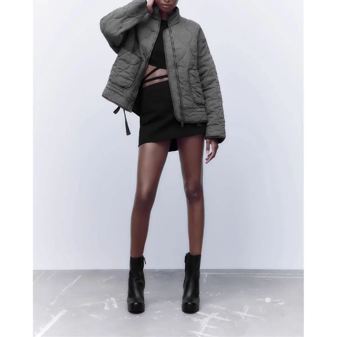 Autumn Winter Women's Commute Casual Stand Collar Loose Pocket Diamond Pattern Cotton Jacket Outerwear Polyester Long Sleeve ...