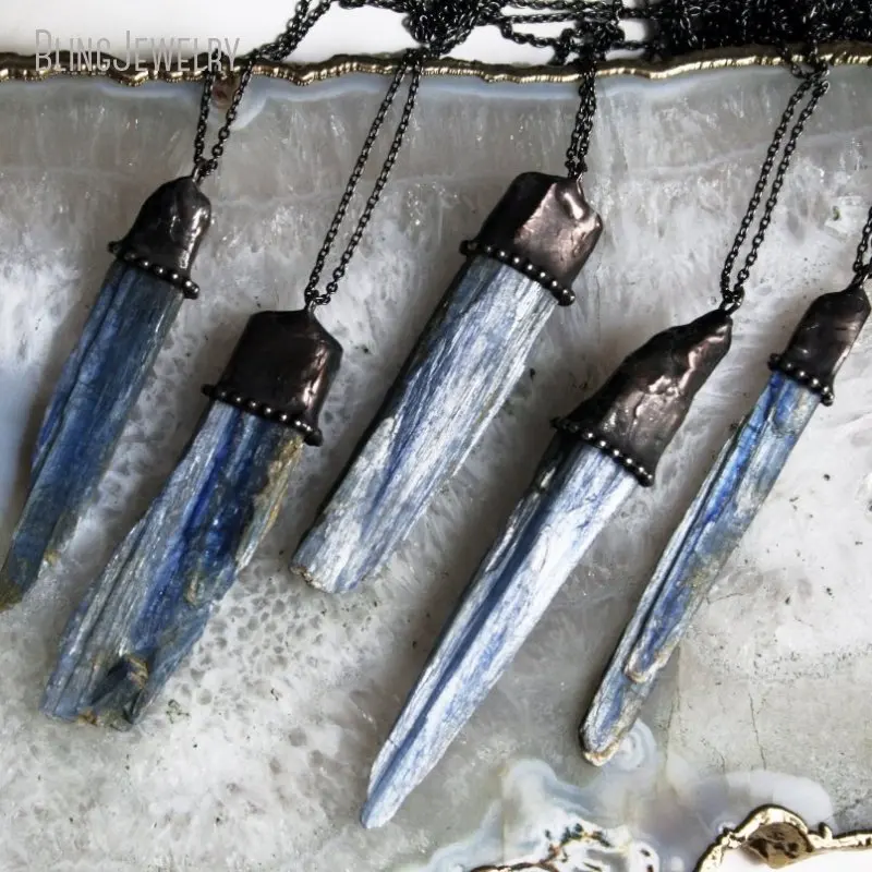 10pcs Blue Raw Kyanite Crystal Pendant Necklace Paperclip Chain Women Gemstone Wicca Jewelry