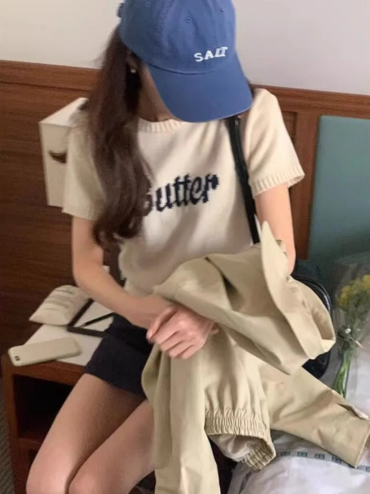 T-shirt da donna in seta di ghiaccio lavorata a maglia color kaki ort Design esclusivo estivo Slim Fit oulder Lunghezza ort Sve round Ne Top