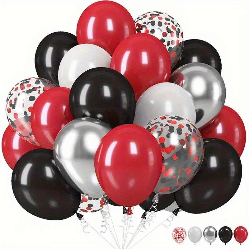 53-Piece Black Red Silver Latex Balloons Graduation Party Birthday Racing Poker Decorations Indoor and Outdoor Party Decorations