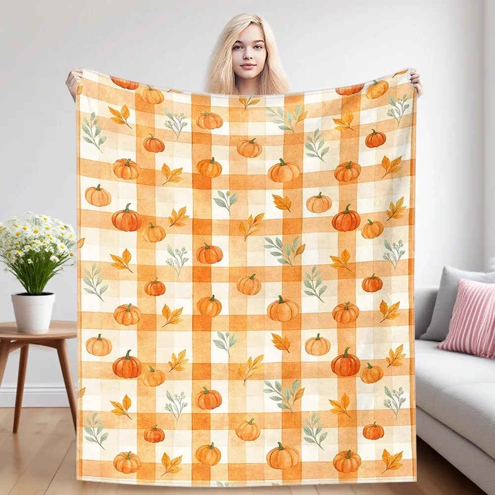 Autumn Pumpkin Gingham Flannel Blankets Are Suitable For Sofas, Men's Room Decorations, Thick And Warm Gifts For Teenagers