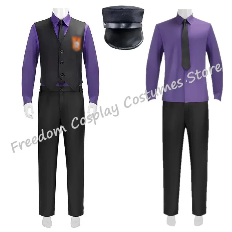 

Purple Guy William Afton Cosplay Costume Fnaf Five Nights Movie Hat Purple Shirt Vest Pants Halloween Party Clothes