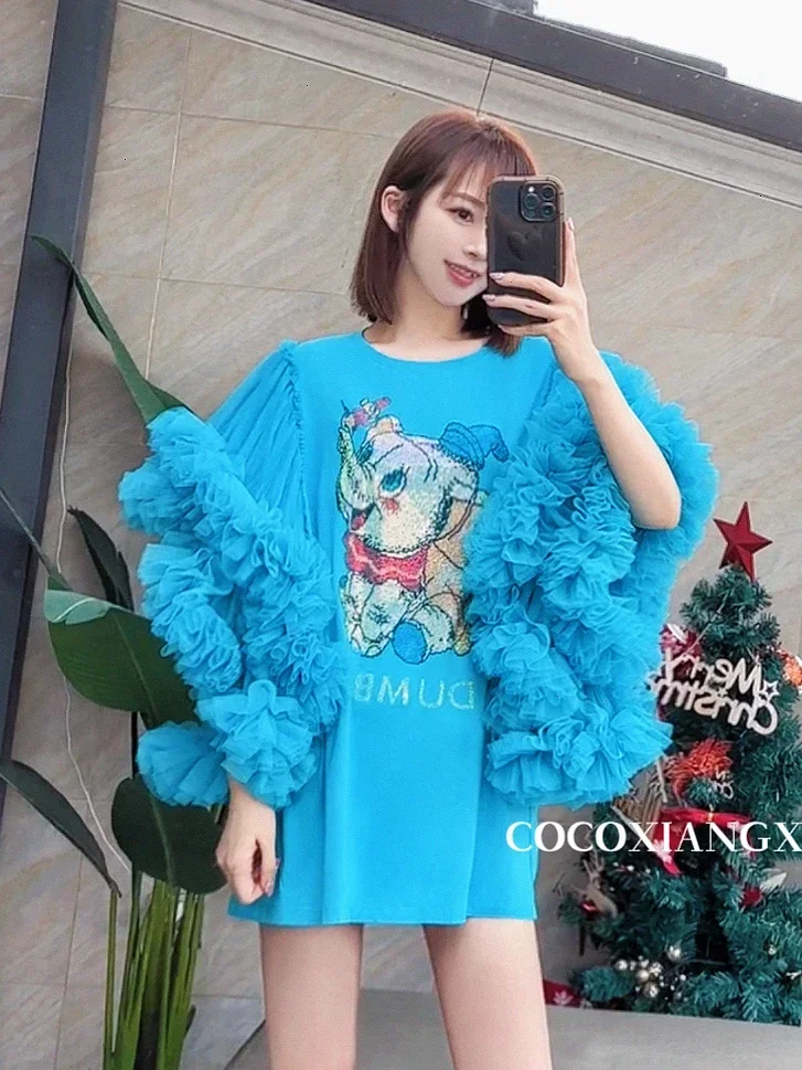 Fashion Brand Rhinestone Elephant Heavy Industry Puff Sleeves Mesh Stitching Cute Loose Mid-Length T-shirt Dress for Women