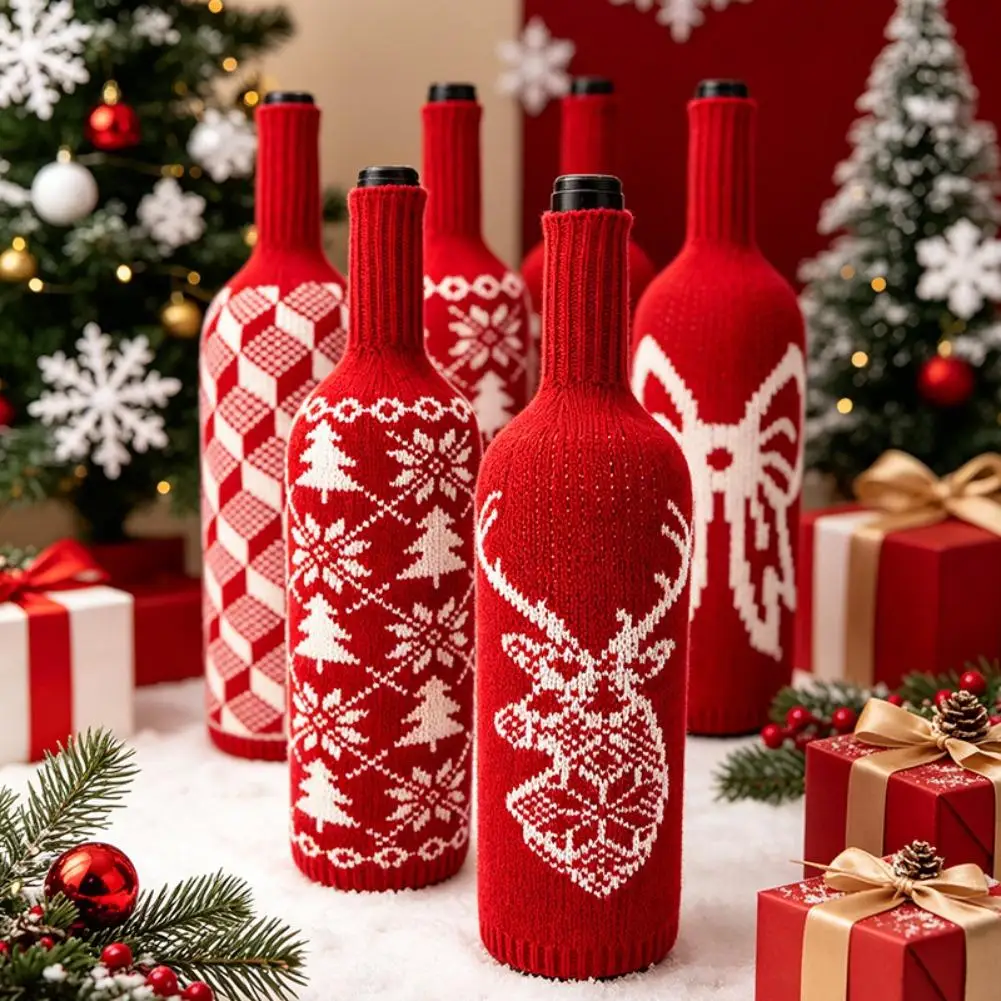 Christmas Red Knitted Wine Bottle Cover Snowflake Reindeer Pattern Wine Bottle Protector Holiday Tabletop Party Decor Gift 2027