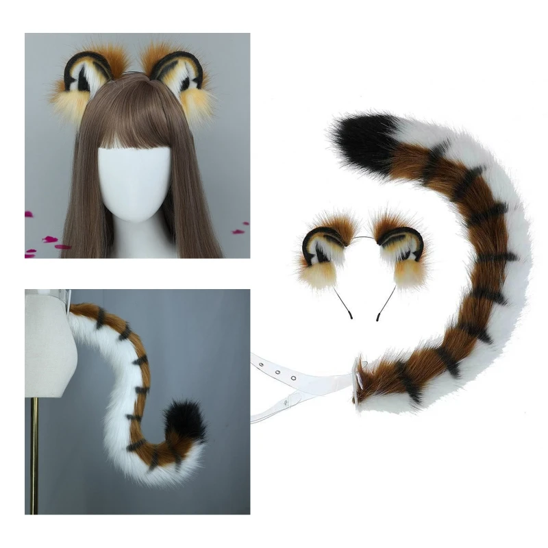 Pack of 2 Cartoon Tiger Ears Hairband & Tail Suit Cosplay for Head Band Hair Accessories for Women Girls Kid Party DropShipping