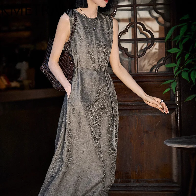KMETRAM 91.8% Mulberry Silk Tank Dresses for Woman Elegant Grey Jacquard Dress Women's Casual Dresses 2026 Summer Clothes платье