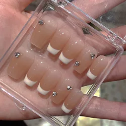 10pcs Simple French Fake Nail with Glue Acrylic Naked False Nails Coffin Handmade Press on Nail Diamond Nails Press Ons Gradient