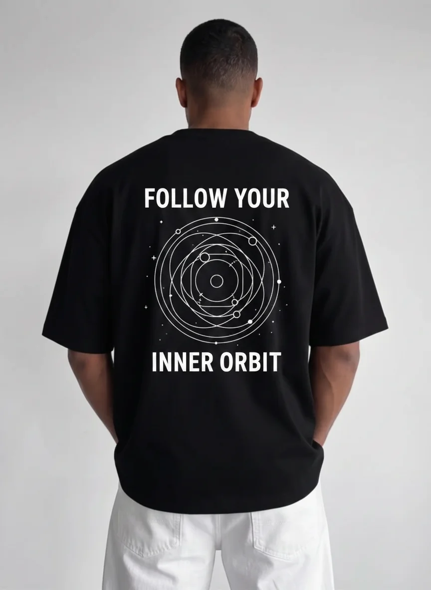

Follow Your Inner Orbit Celestial Graphic Tee Back Print Black Shirt Modern Orbital Astronomy Design Printed Tee Unisex Casual