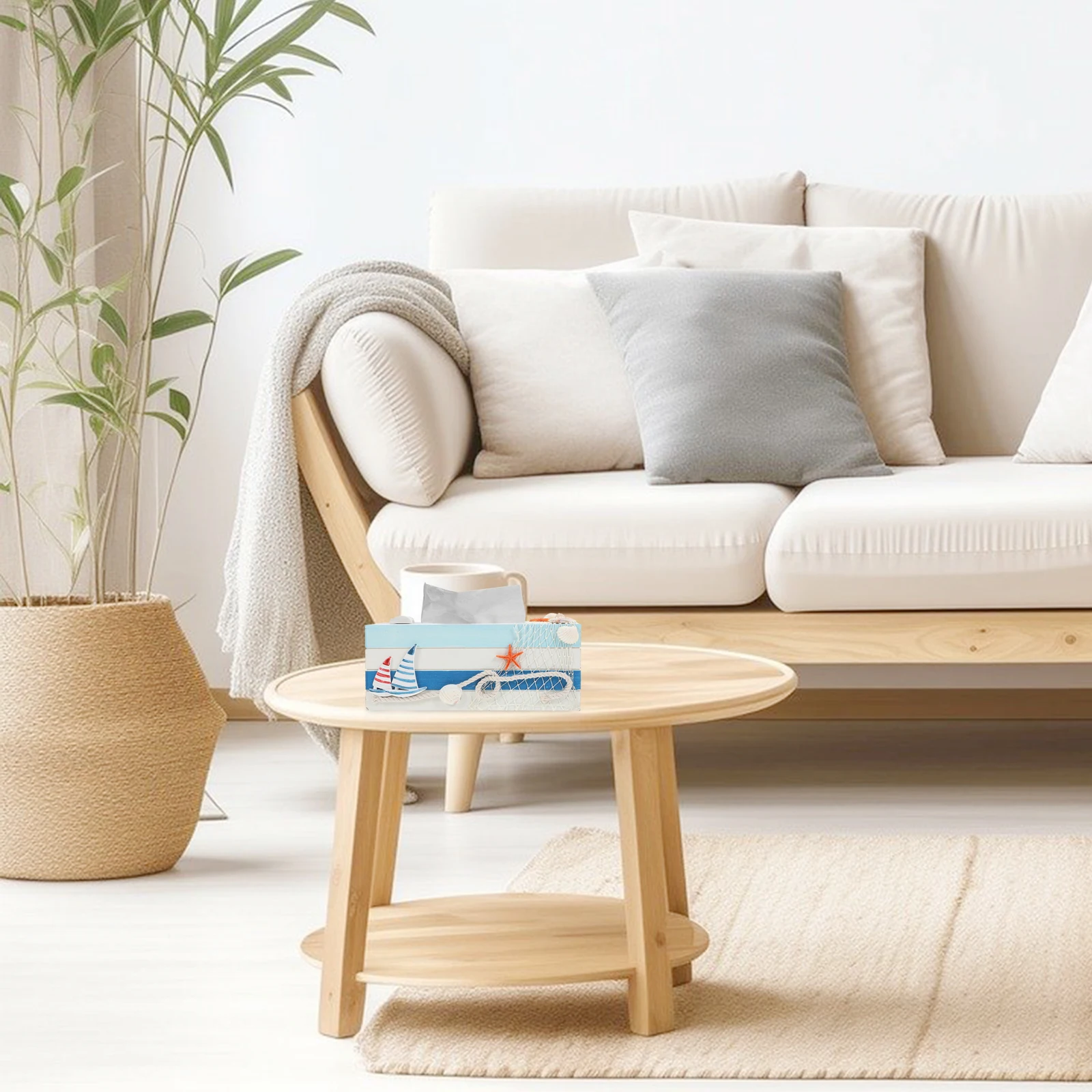 

1pc Wooden Tissue Box Mediterranean Style Storage Organizer For Home Office Desktop Blue Sailboat Design Tissue Holder Container