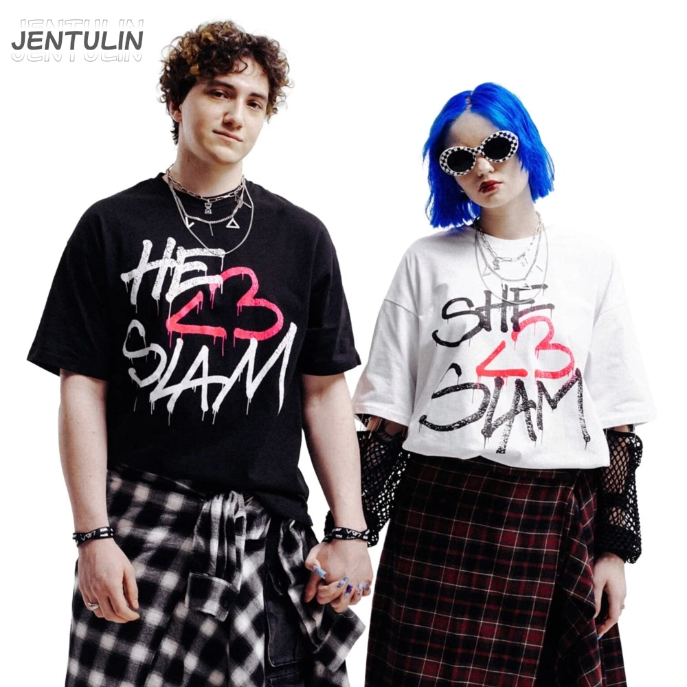 Hip hop oversized streetwear masculino tshirt lida gráfico she love slam impressão y2k manga curta topo harajuku punk roupas de algodão goth
