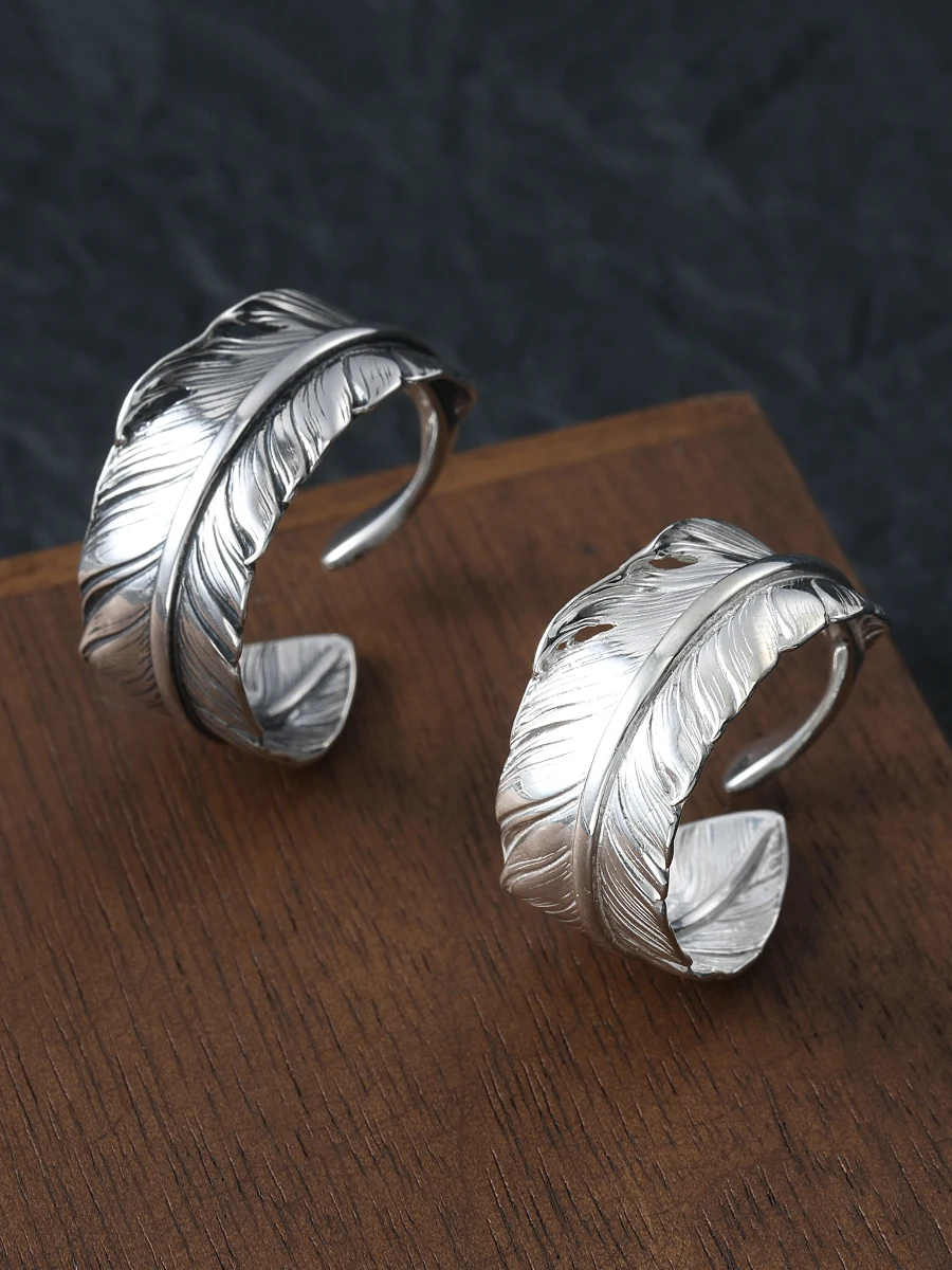 925 sterling silver feather open ring light luxury high-grade bright silver ring couple hipster