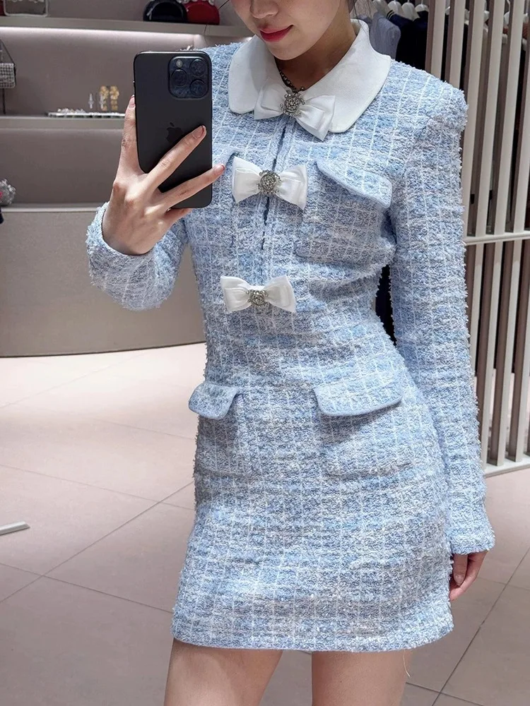 

Bow diamond plaid fishtail knit dress 2025 spring new temperament elegant blue round neck long-sleeved women's dresses