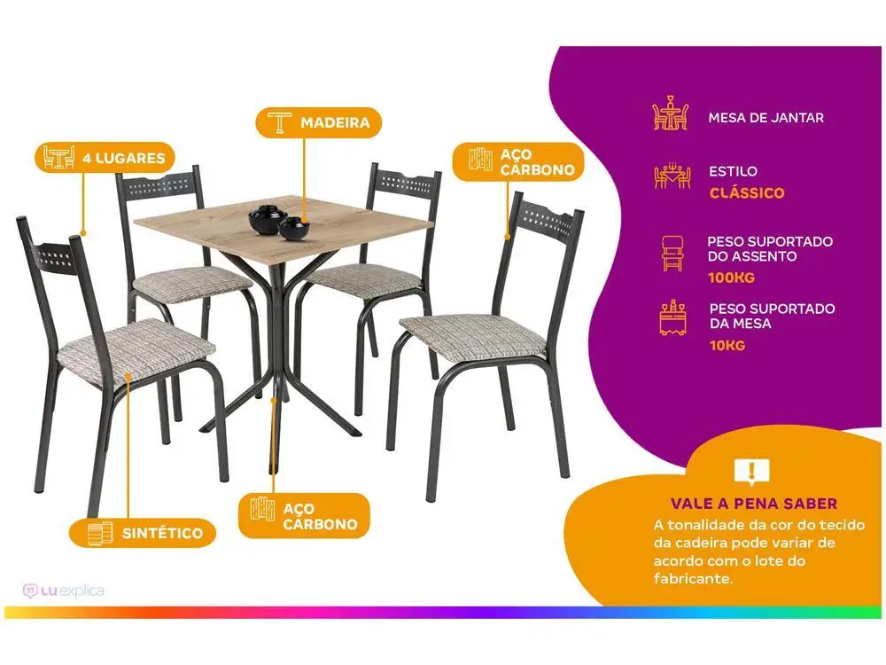 Mesa de Jantar 4 Cadeiras Quadrada