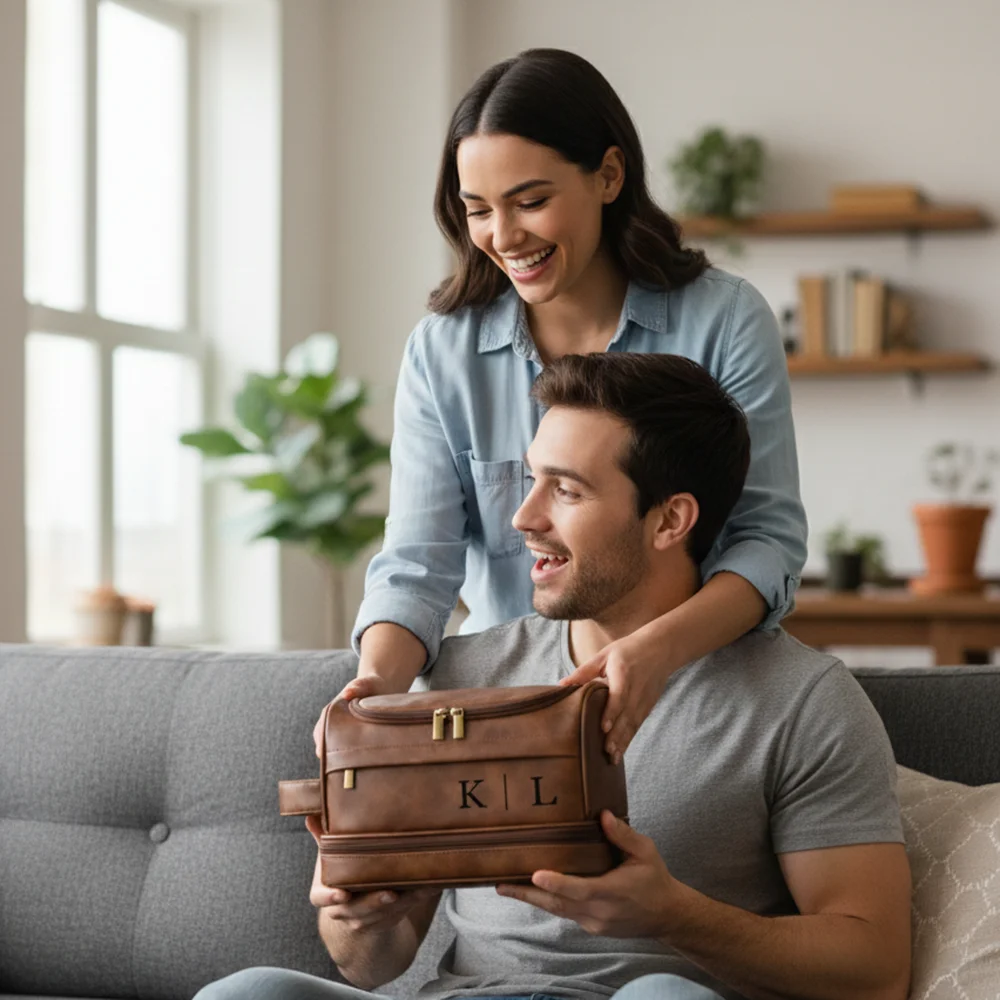

Valentine's Day Gift Personalized Name Hanging Toiletry Bag Large Capacity Leather Double Layer Men's Organizer Bag for Travel