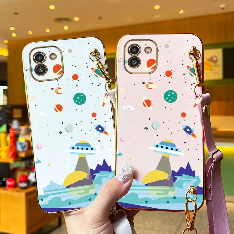 Sailing Spaceships Lanyard Plating Phone Case For Samsung Galaxy A03 A03S A02S A04 A04E A04S A23 A24 A21S A25 A22 A42 A34 Cover