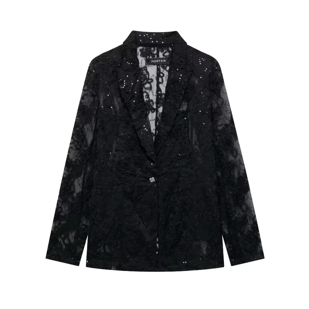 Jaket Blazer Semi Transparan Bertekstur Hiasan Mutiara Wanita Musim Gugur dan Celana Streetwear Semi Transparan Bertekstur
