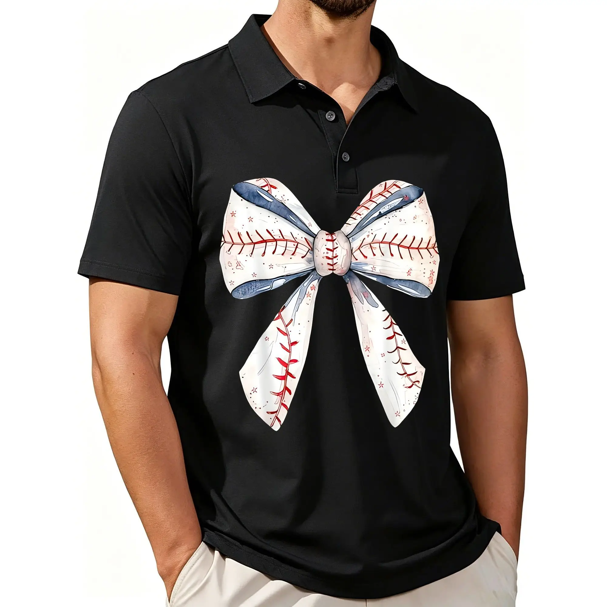 Men's Printed Short-Sleeve Polo Shirt with Bow Tie, Baseball Mom Mother's Day Style, Fashionable and Casual Fit, Breathable Fabric, Suitable for All Seasons.