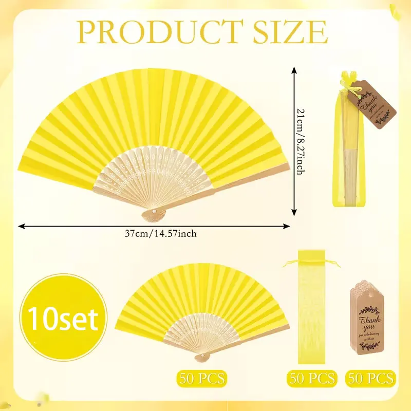 5 Sets/10 Sets/15 Sets/20 Sets of Yellow Paper Folding Fans, Personalized Custom Logo Laser-Engraved Name Paper Fans Suitable for Weddings, Bridal Showers—Yellow Handheld Paper Fans with Accompanying Thank You Cards and Gift Bags, Ideal for Wedding Favors, Church Events, Women's Gifts, Perfect for Mother's Day, Graduation Season, Valentine's Day, Christmas