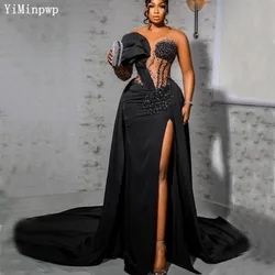 Africa Black Mermaid Eveing Dresses with Detachable Train Sheer Neck Long Sleeve Side Split Beads Wedding Party Dress Customized