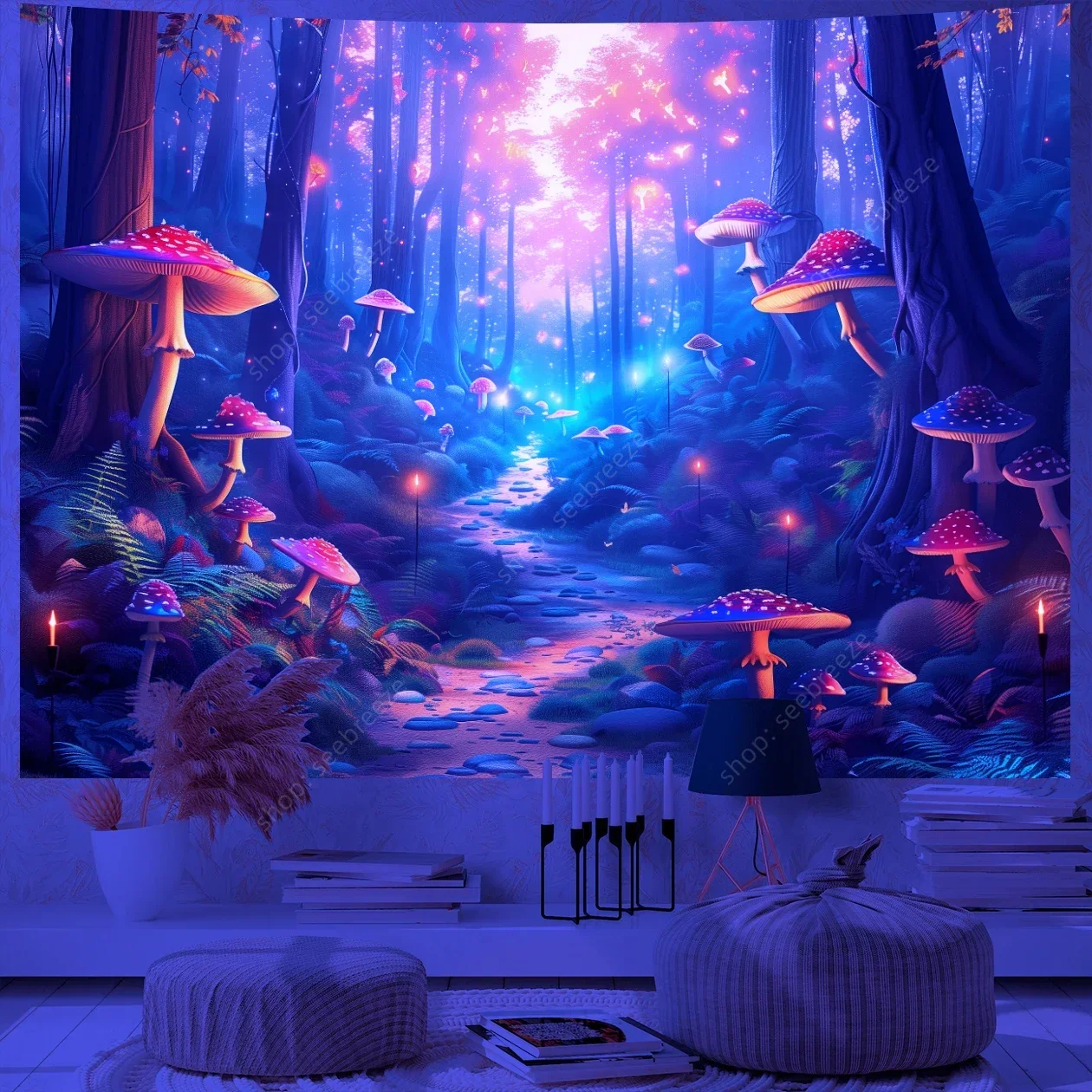Fantasy Pilz UV Reaktiver Wandteppich Schöne Blumen Pflanze Wandteppich Wandbehang Gothic Home Wanddekoration Raumdekoration Ästhetisch