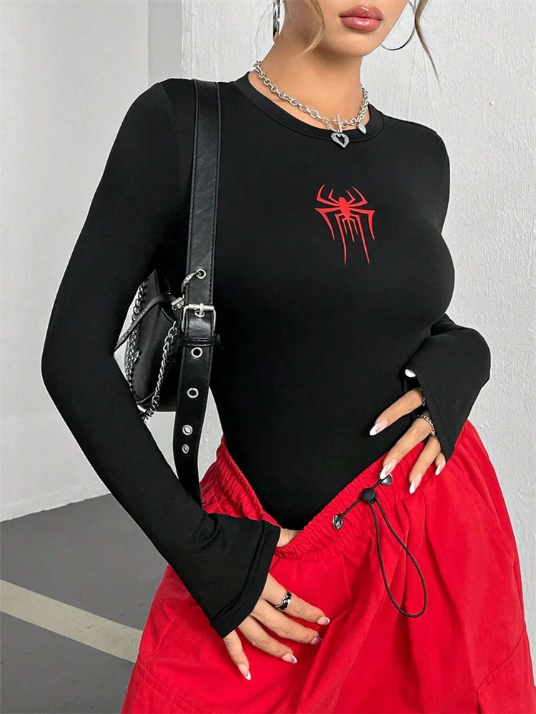 Women Spider Print Round Neck Long Sleeve Tees Tops Autumn Winter Spring Y2K Clothes Slim Fit T-shirt Daily Streetwear Tees