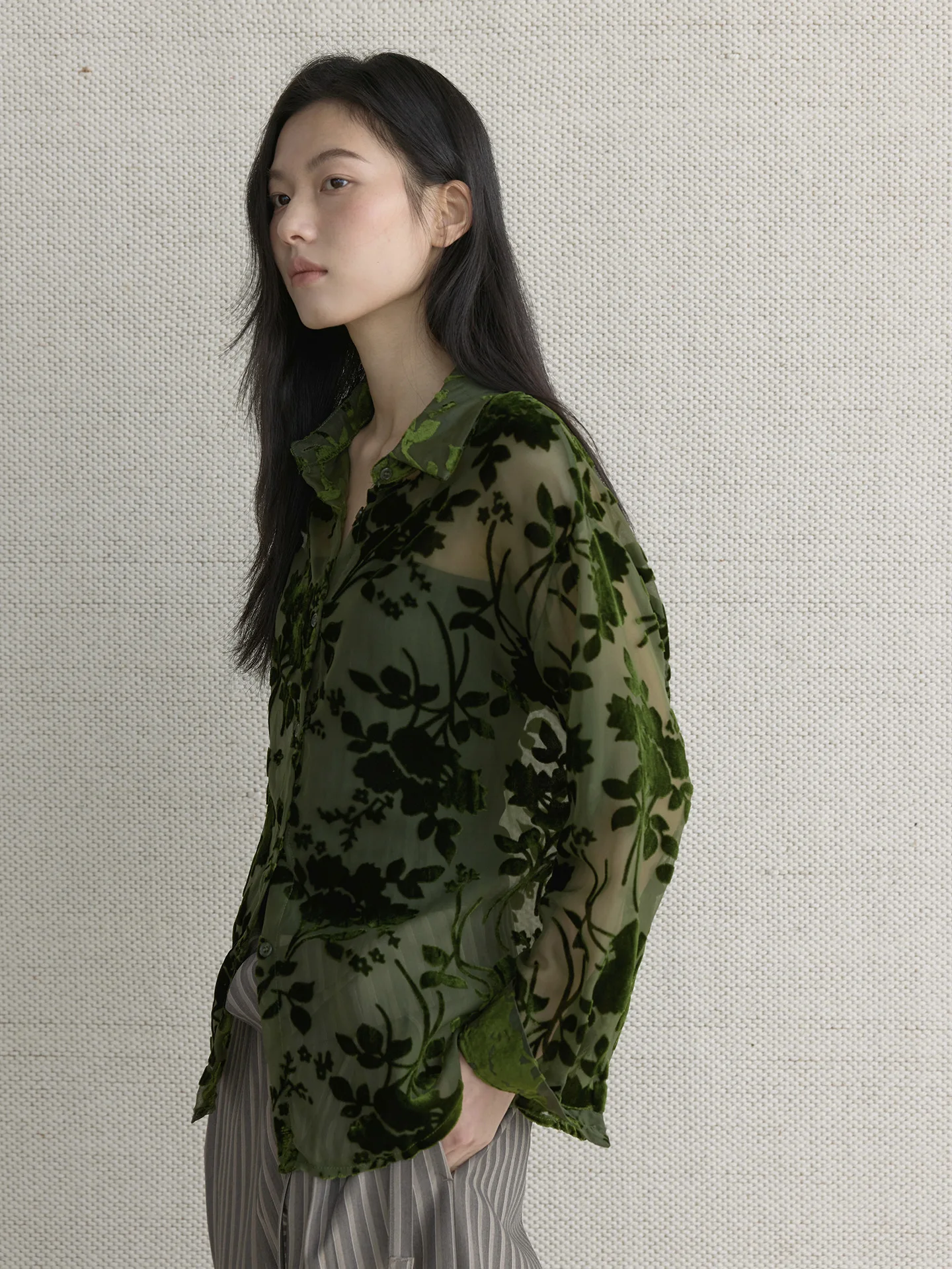 Early Spring New Korean Fresh Forest Plant Printed Transparent Velvet Shirt Soft and Comfortable Top for Women