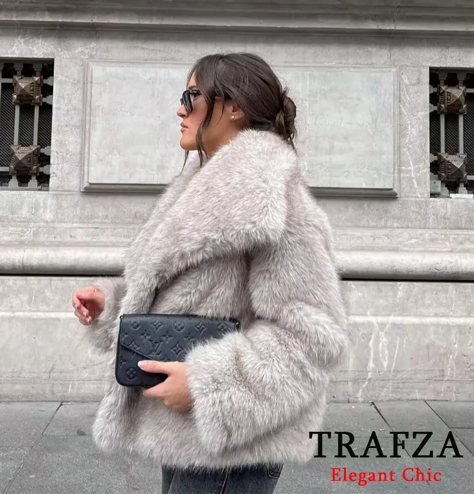 TRAFZA-Women Fashion Winter Solid  Big Lapel Coat Faux Fur Coat Jacket New 2024 Autumn Winter Slouchy Burgundy Black Gray Coat