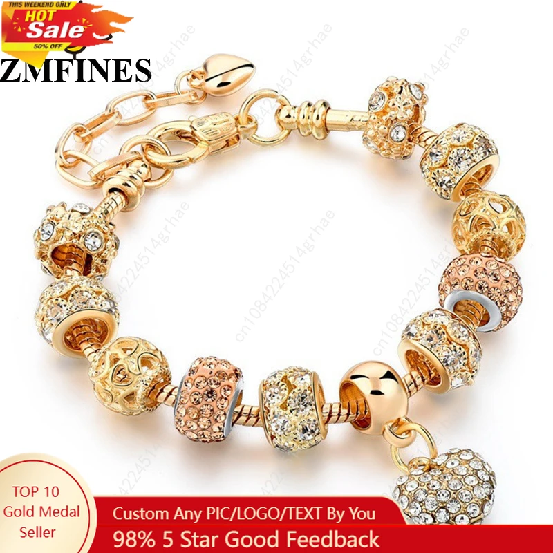 

Gold Color Love Heart Charm Bracelets For Women Men DIY Crystal Beads Brand Bracelets Bangles Pulseira Jewelry Gift Dropshipping