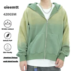 Men's Sun Faded Two-way Zip Up Jacket Unisex Washed Vintage 420GSM Hoody SweatshirtHigh Quality Heavy Weight Fuzzy Fleece Hoodie