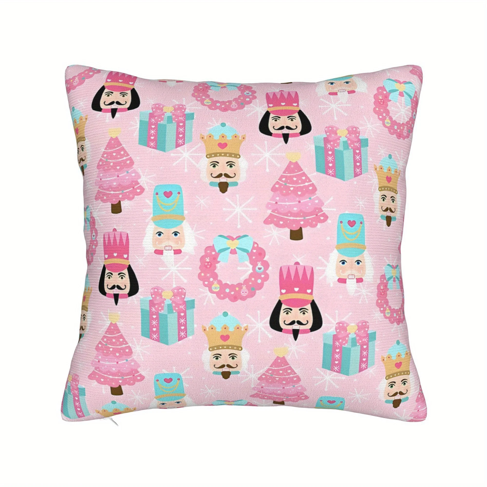 Pink Nutcracker Soldier Hug Pillowcase Christmas Decorative Throw Pillow Cover Pink with Blue White Nutcracker Design 1PC