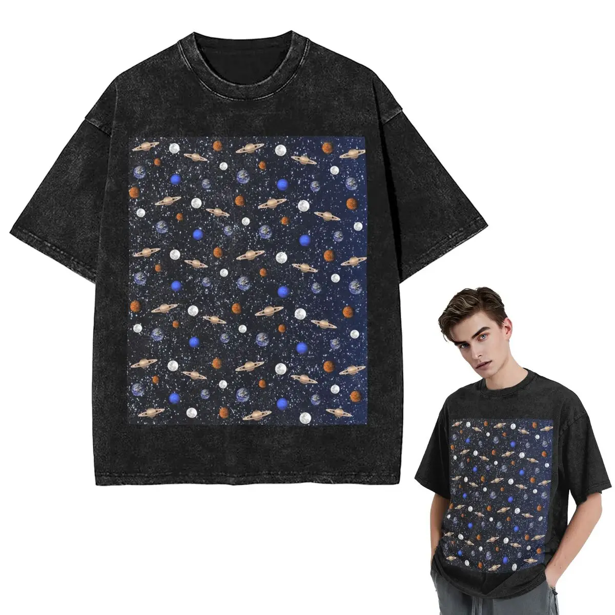 

Уличная одежда Футболки Солнечная система Космические планеты Вселенная Промытая футболка с коротким рукавом Футболка в стиле хип-хоп Топы Футболки для мужчин и женщин