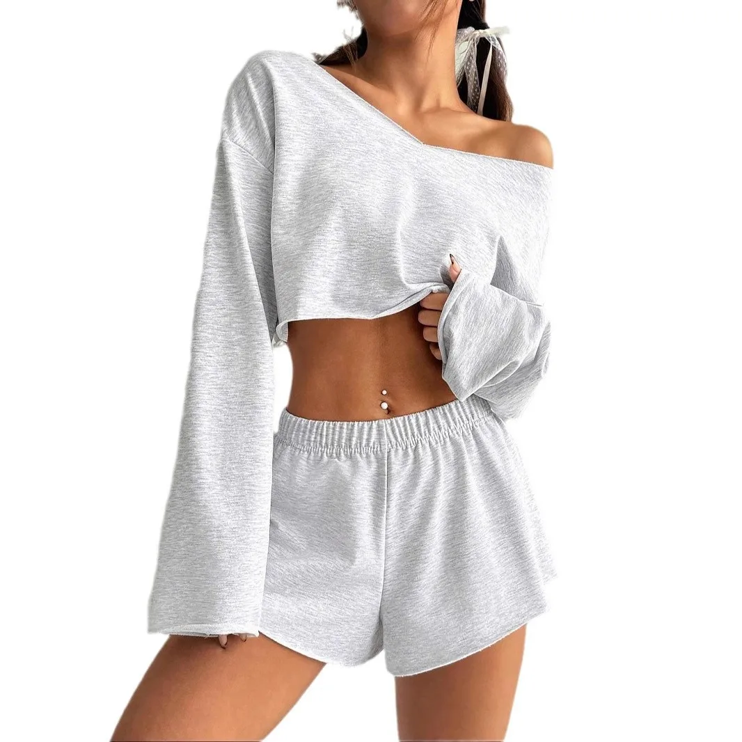 Women\'s Two Pieces Set Plain Drop Shoulder V-neck Crop Top and Elastic Waist Shorts Casual 2 Piece Sets Women Outfit