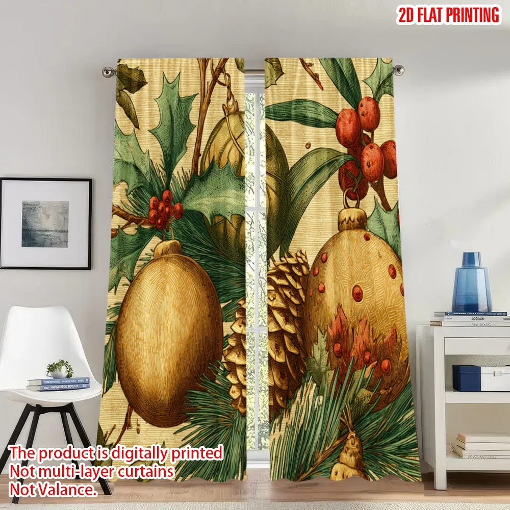 

2pcs 2D flat printing Happy Christmas fashion curtains Christmas Pine Cones Ornaments Digital Printed Polyester Drapes Party &