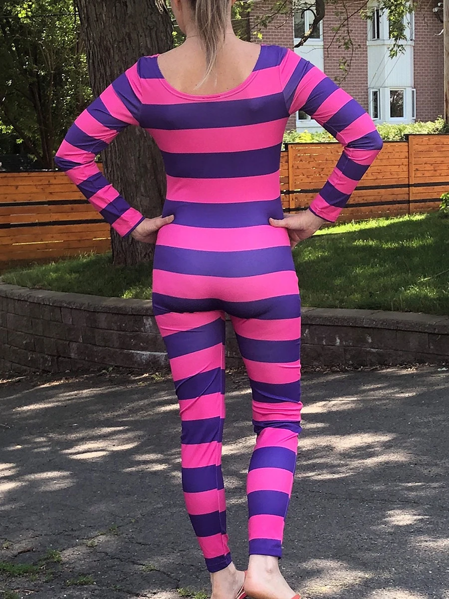 Women's Cheshire Cat Halloween Costume Pink Purple Striped Long Sleeve Jumpsuit Cosplay Outfits Festival Costumes