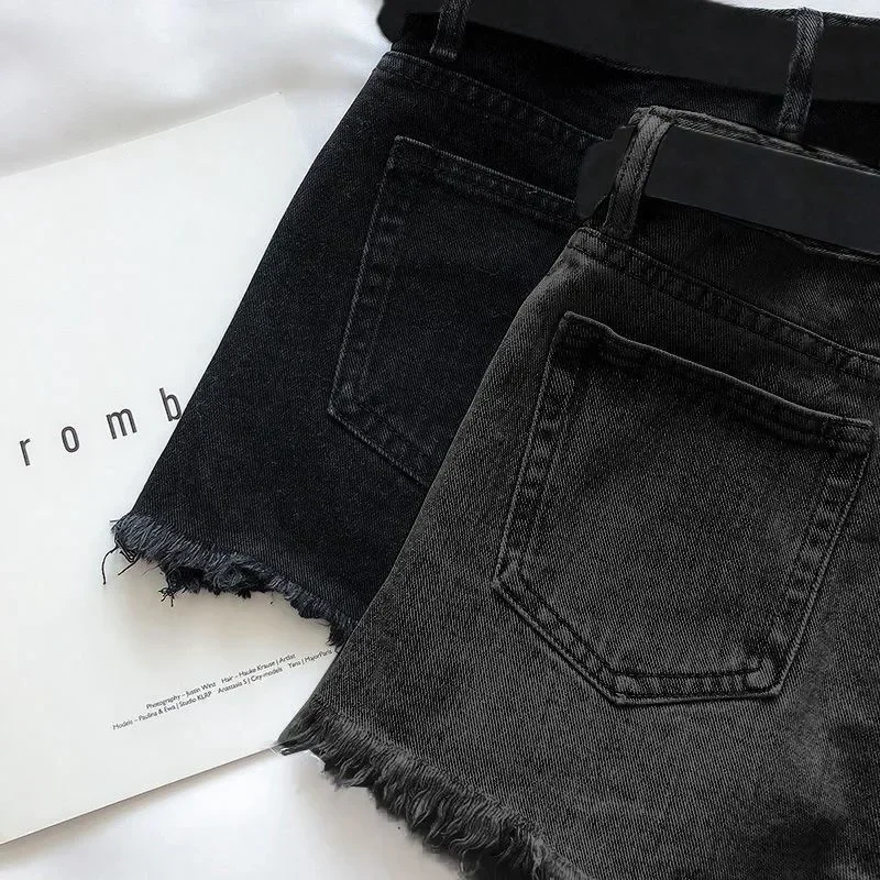 Women Casual High Street Denim Shorts With Belt Pocket High Waist A-line Jean Shorts Versatile Ripped Trousers Summer Streetwear