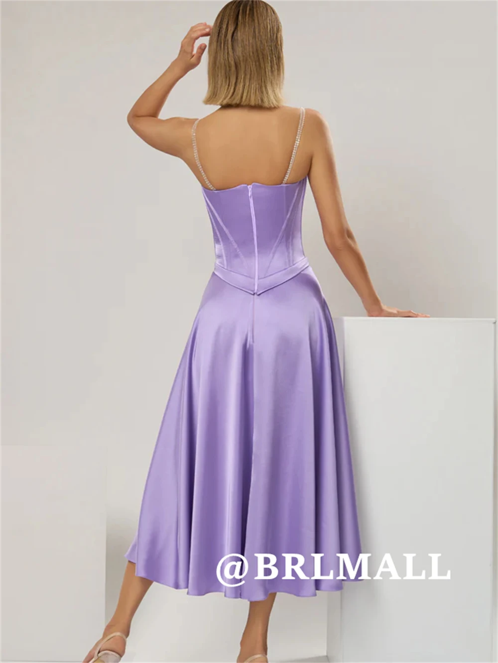 Brmall vestido de baile de cetim macio, alças soaghetti com zíper nas costas, vestidos de festa à noite, vestidos de convidados de casamento, coquetel personalizado