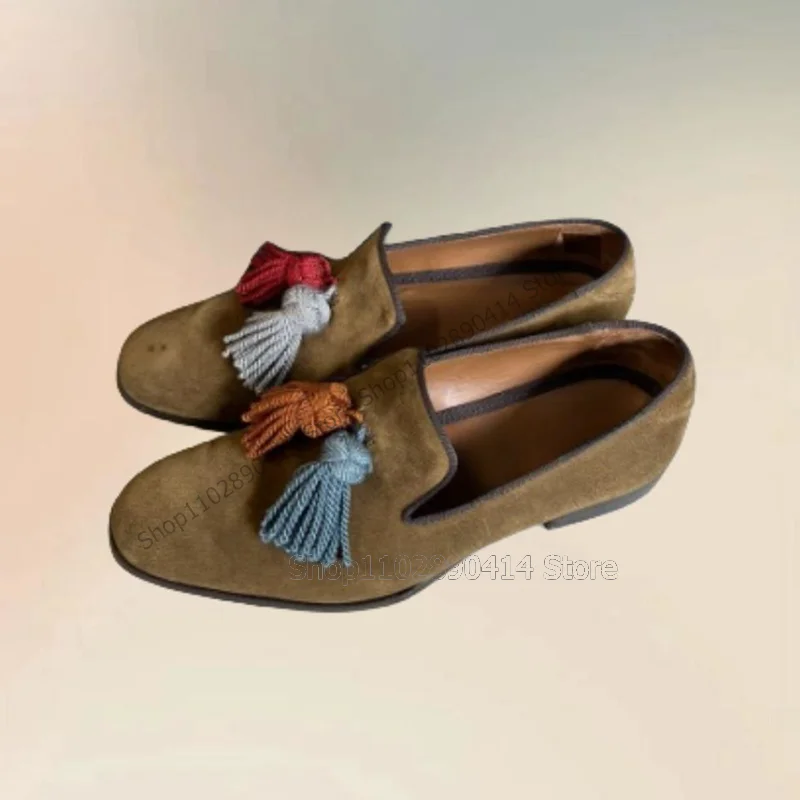 Colorful Tassels Decor Brown Flock Penny Loafers Fashion Slip On Men Shoes Luxury Handmade Party Feast Banquet Men Casual Shoes