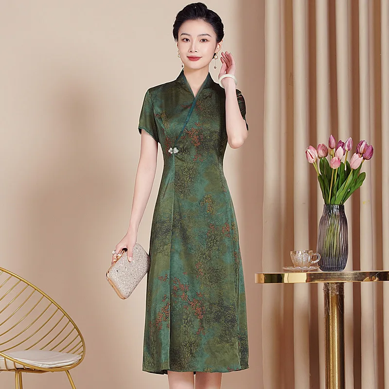 

Yourqipao Dark Green Cheongsam for Women 2024 New Summer Mid-length Chinese Mother Of The Bride Wedding Guest Dress