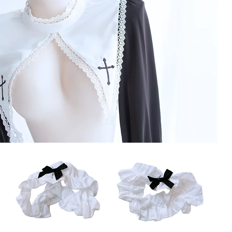 Sexy Nun Cosplay Lingerie Mini Extreme Bikini Set Cross Collar Long Sleeve Top Naughty Women Cute Sister Role Play Erotic Outfit