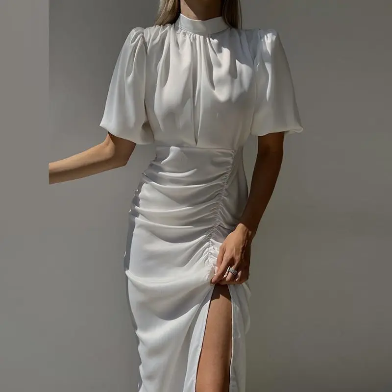 French Celebrity Fashion Dress High Neck Short Sleeve Split Women's Skinny Long Dress