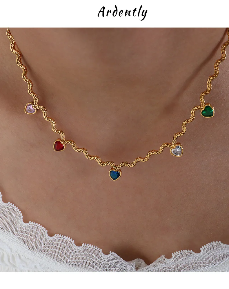 Mode Bunte Zirkonia Herz Anhänger Halskette Frauen 316 Edelstahl Vergoldet Dame Wasserdicht Schmuck Zubehör Geschenk – Detail 3