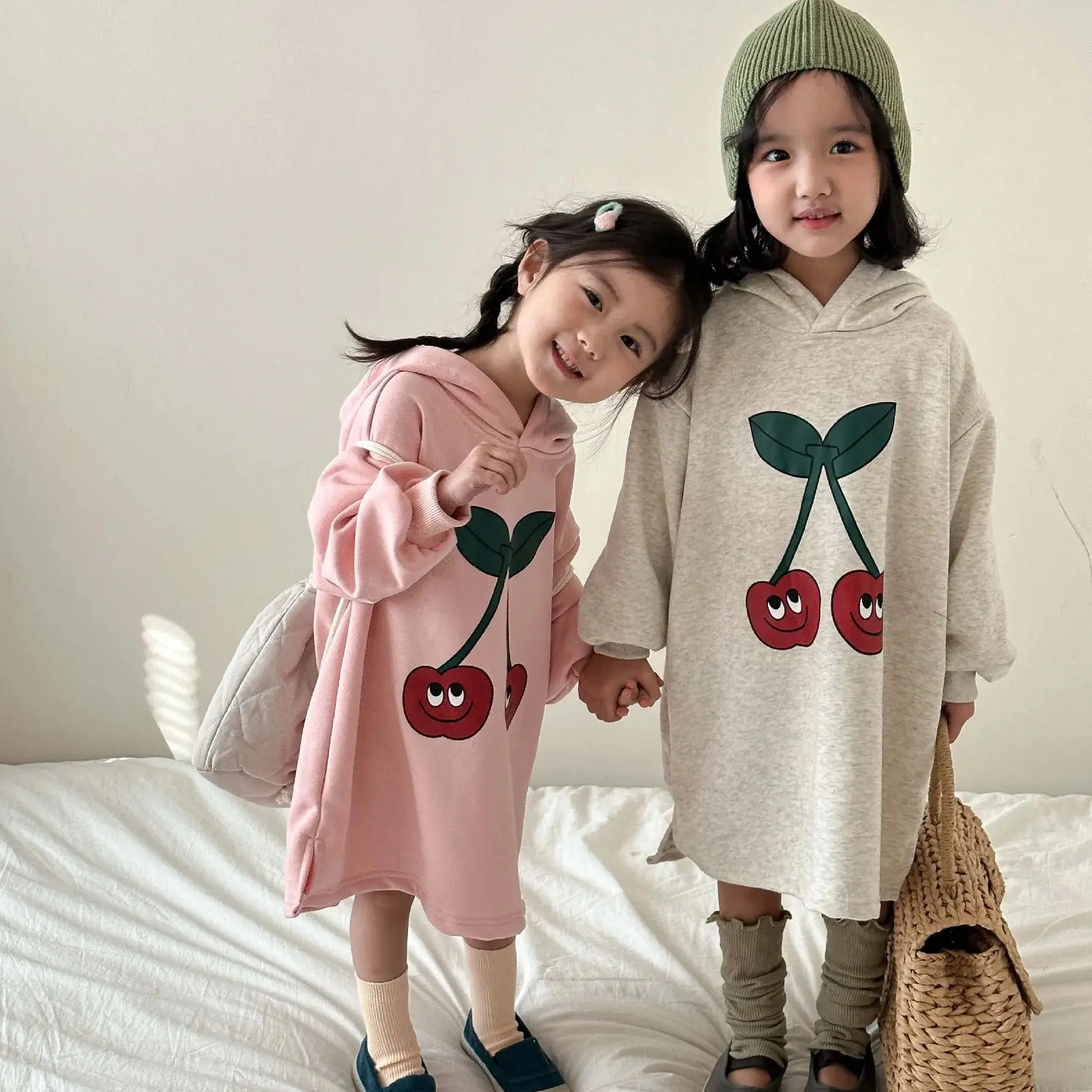 

Cute Fashion Toddler Girls Clothes Autumn Baby Long Sleeve Cherry Hooded Dress For Kids Casual Sweatshirt Dress Sister Outfits