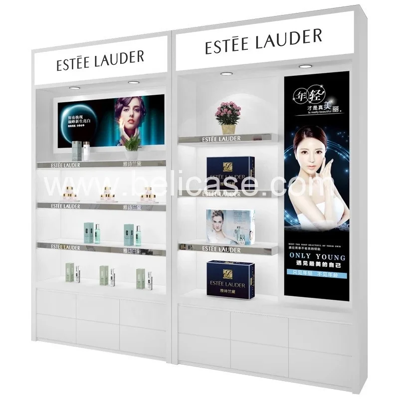 Custom, fashionable makeup cosmetic display stand perfume shop display showcase with light box display furniture for store