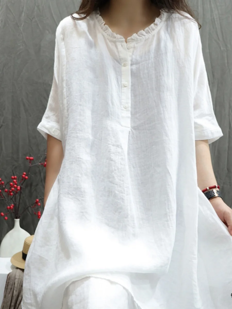 หลวม Fit ผ้าลินินผ้าฝ้าย irt ผู้หญิงความยาวกลาง ort-Sve เสื้อยืดประจบ plus ขนาดชุดลําลองรอบ Ne ความอบอุ่น