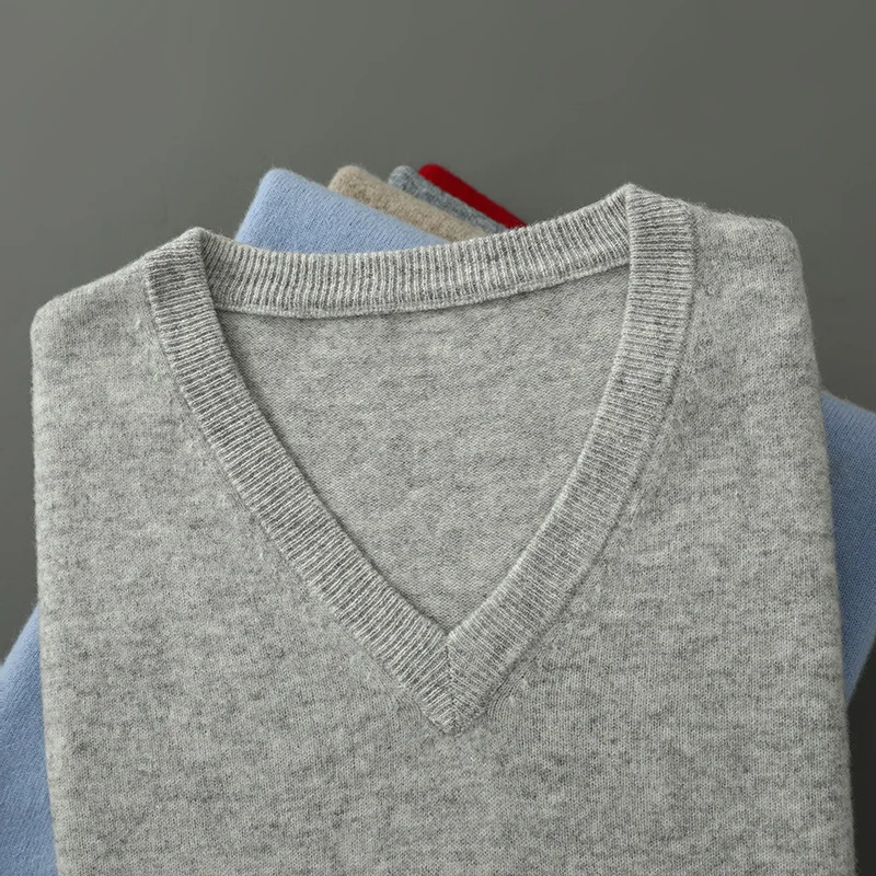 Men Cashmere Pullover V-Neck Sweater Autumn Winter Warm Solid Color Knitted Sweater Business Casual Long Sleeve Tops Pull Hommes - view 2
