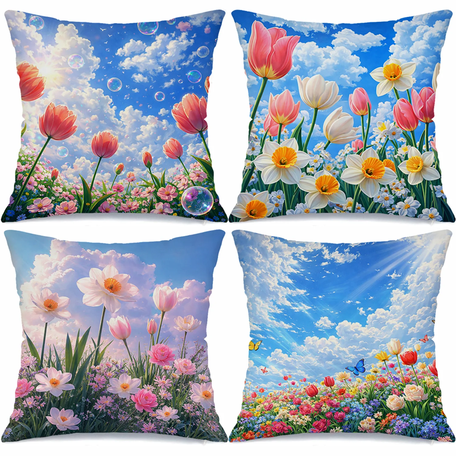 

4pcs Tulip Flower Theme double-sided Printed pillow cover Short plush Suitable living rooms bedrooms sofas throw cushion cover