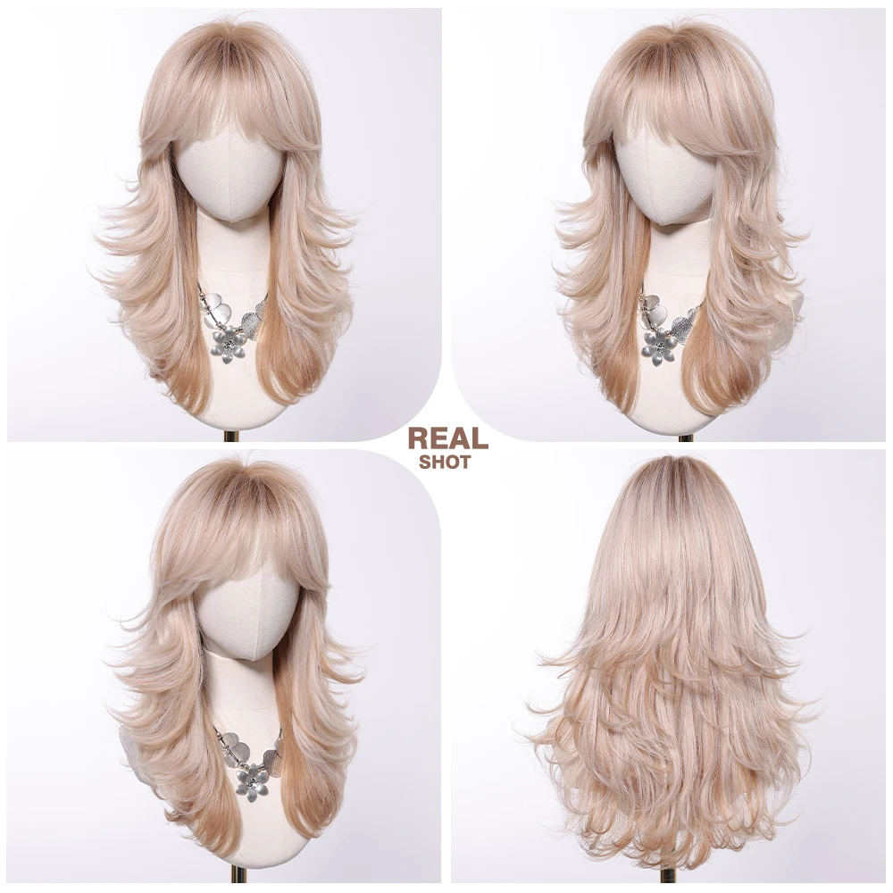 Light Pink Blonde Synthetic Wigs with Bangs Natural Wavy Middle Length Hair for White Women Daily Body Wave Wig Heat Resistant